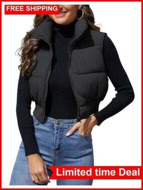 Cropped Quilted Puffer Vest Zip Up Sleeveless Jacket